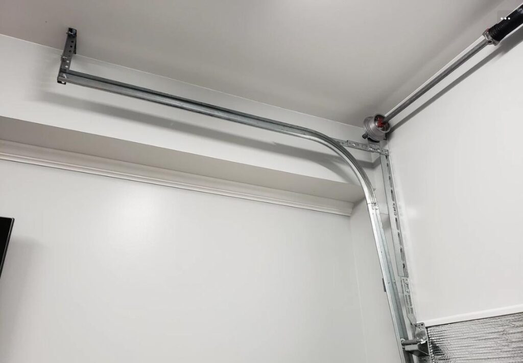 Garage door technician converting overhead door track system