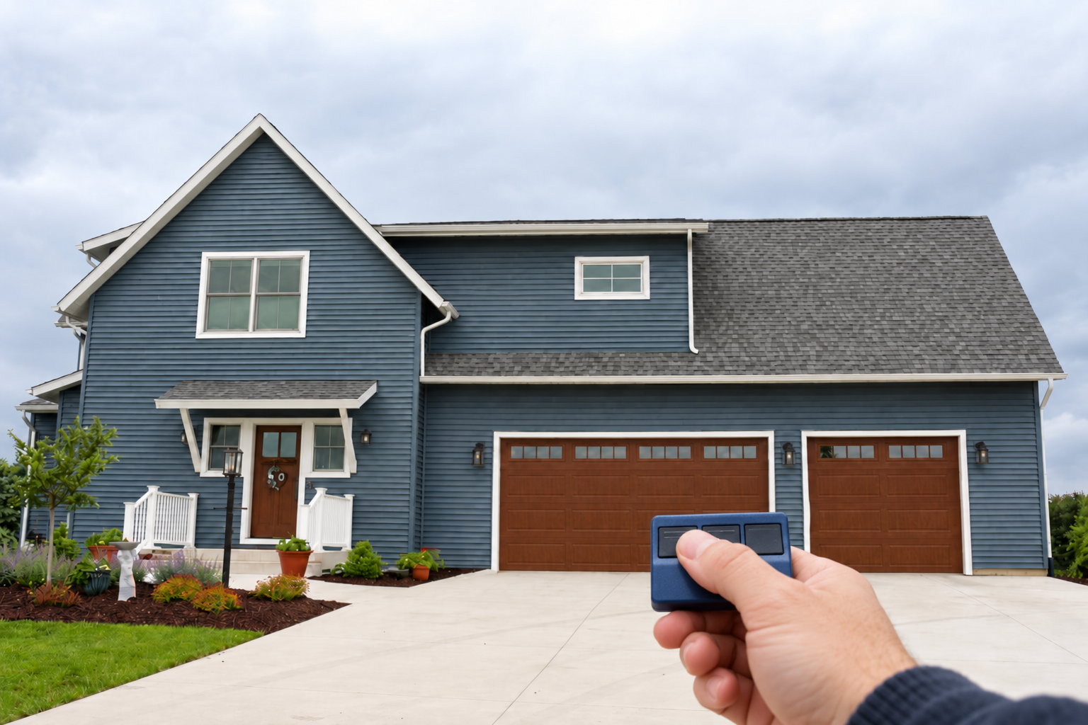 Person holding a garage door remote in a driveway facing two garage doors